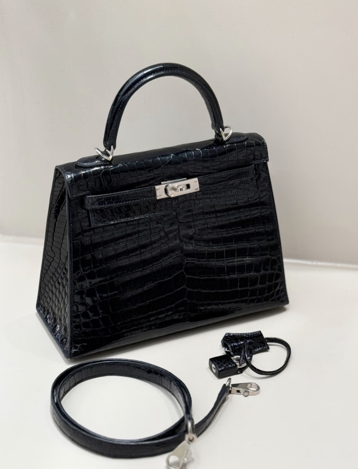 Kelly 25-28 Black silver Buckle Crocodile Leather Custom