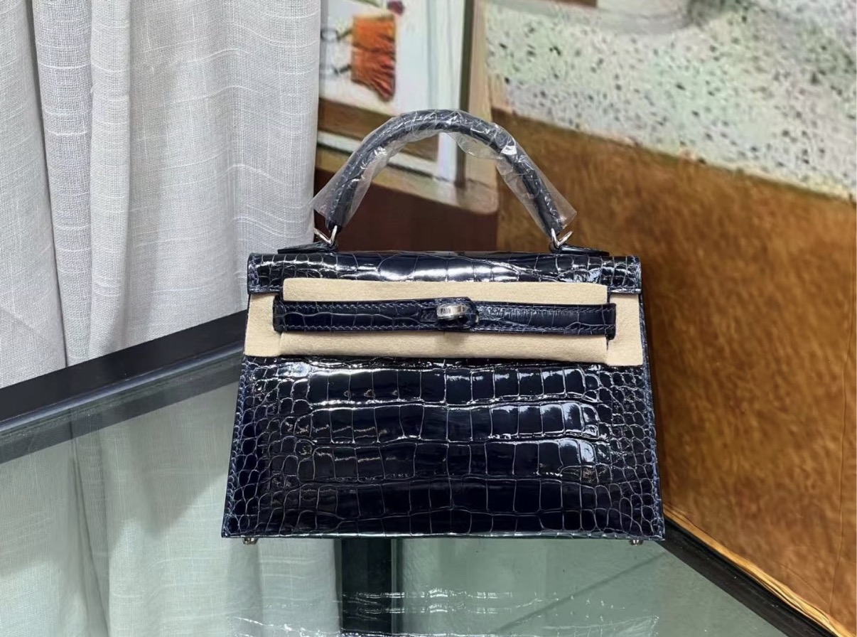 Kelly 2 Mini 19  blue nuit Silver buckle American crocodile skin