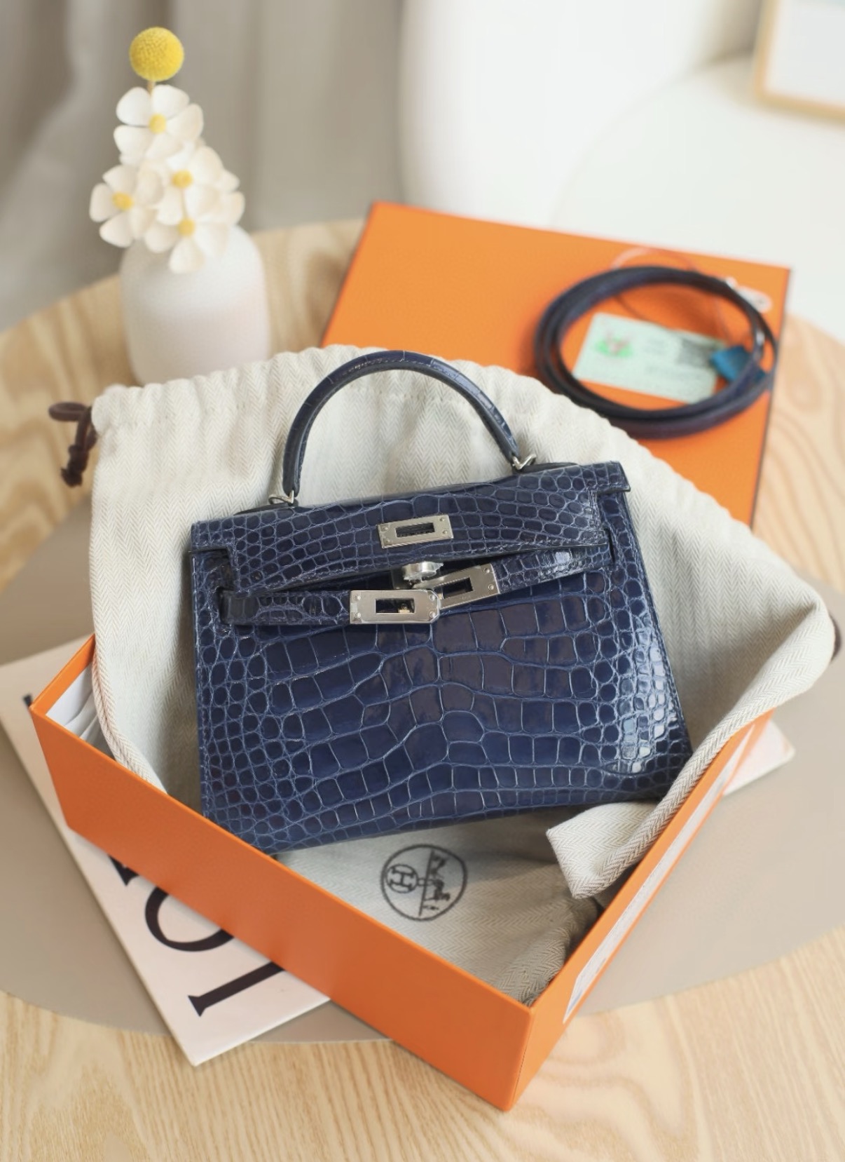 Kelly 2 Mini 19  blue nuit Silver buckle American crocodile skin