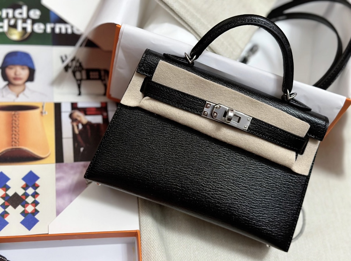 Kelly mini Black goatskin Leather Silver hardware Custom