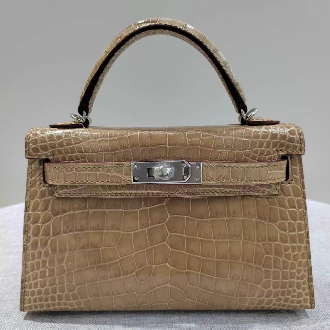 Kelly mini, milk tea color glossy crocodile leather custom-made