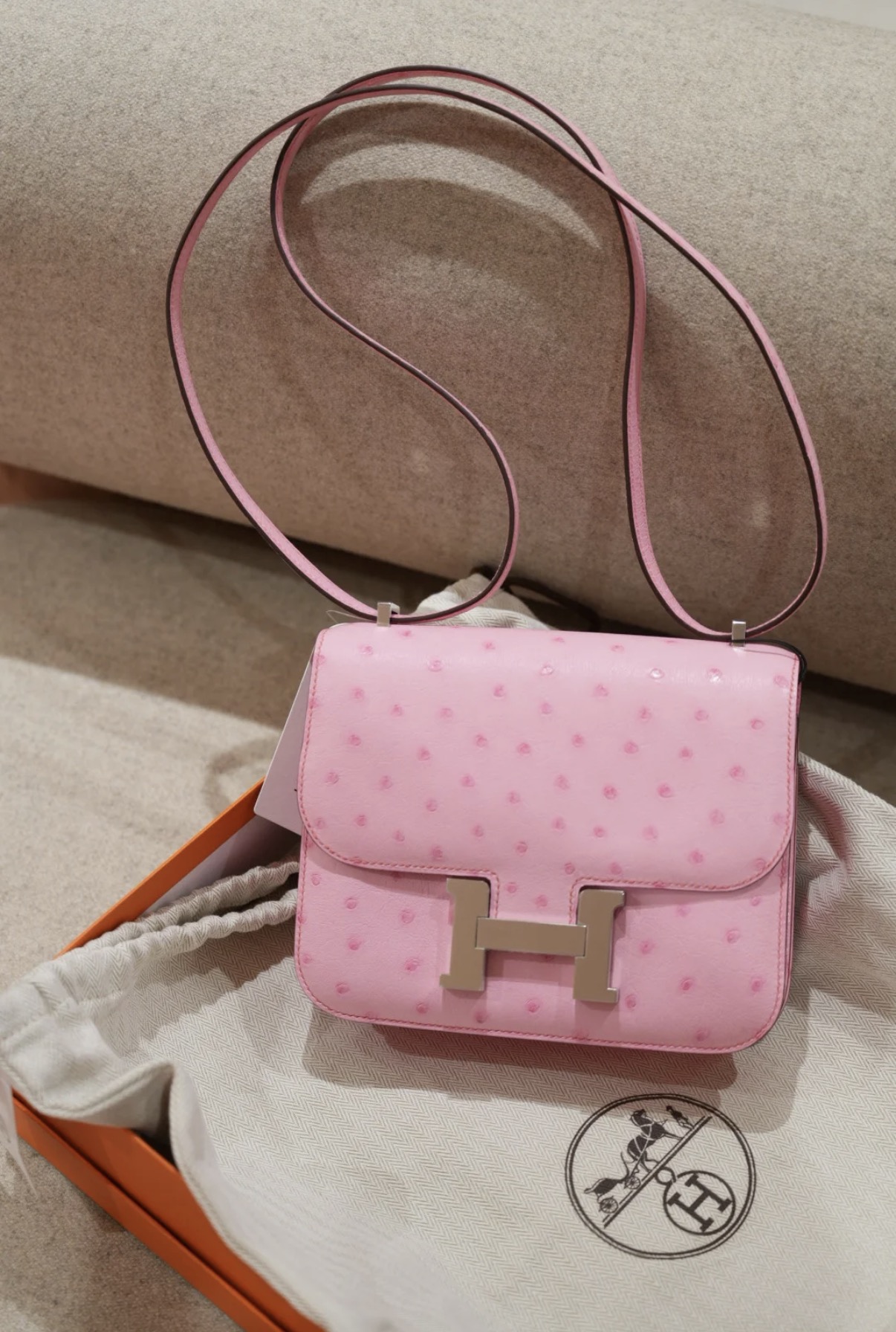 Constance Bubble Pink Silver Hardware Ostrich Leather Customization