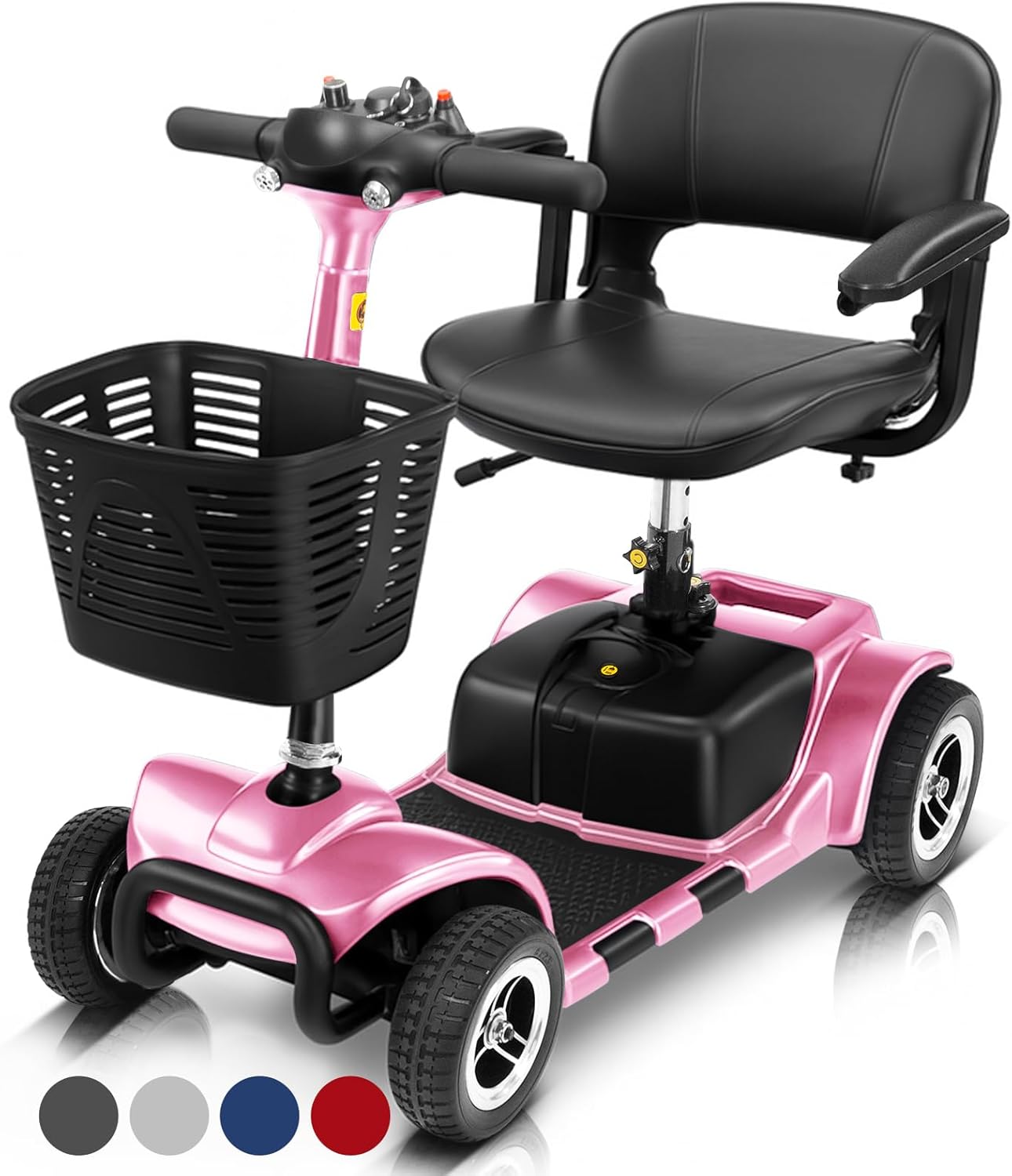4 Wheel Mobility Scooter - Electric Powered Wheelchair Device - Compact Heavy Duty Mobile for Travel, Adults, Elderly - Long Range Power Extended Battery with Charger & Basket