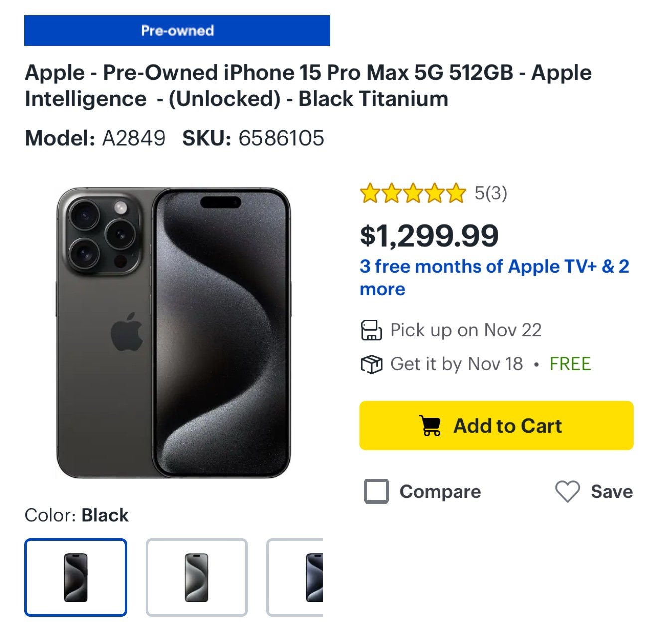 iPhone 15 Pro Max 512GB Black Titanium 7A52