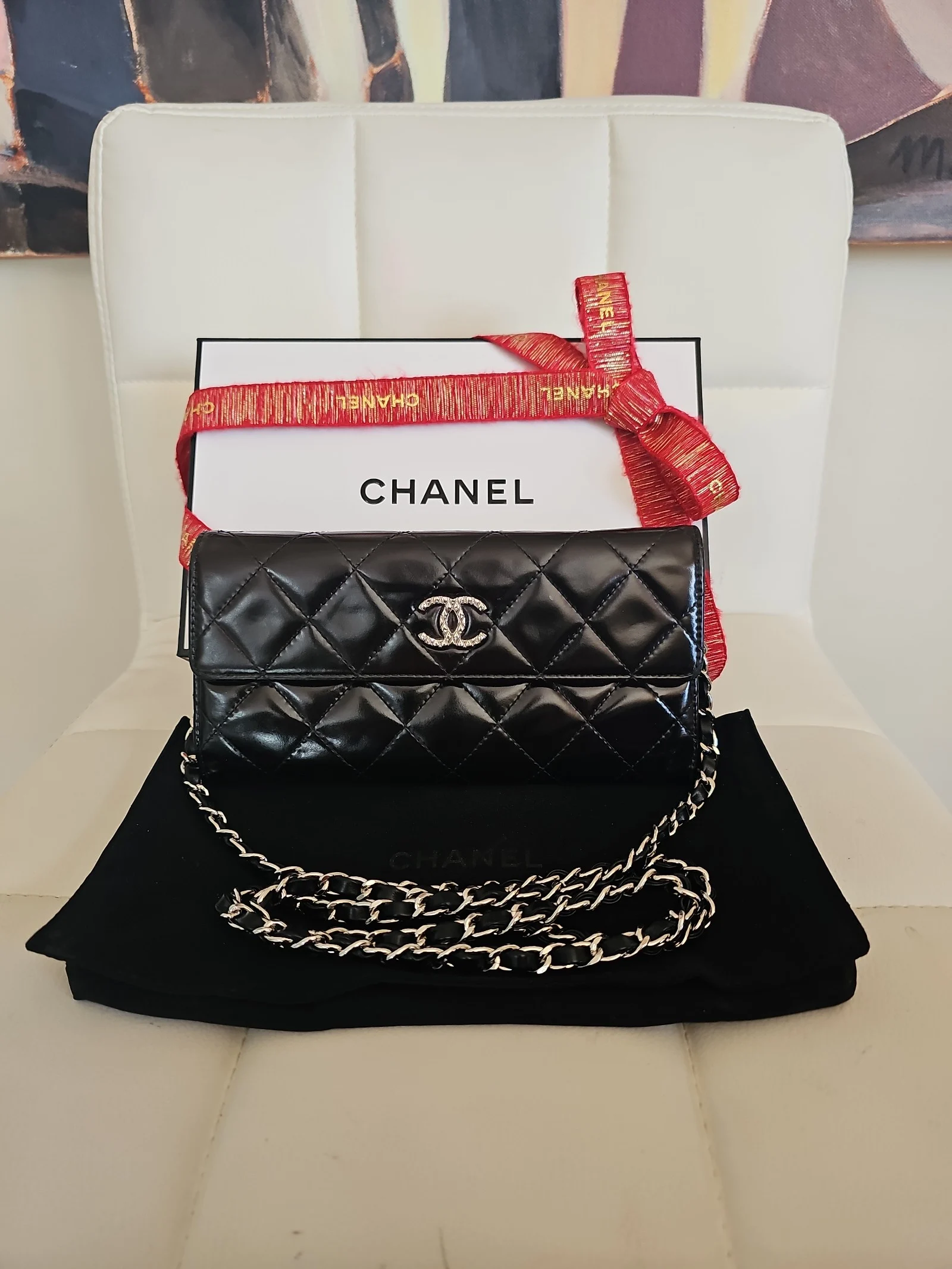 CHANEL Black Patent Leather Quilted Long Wallet