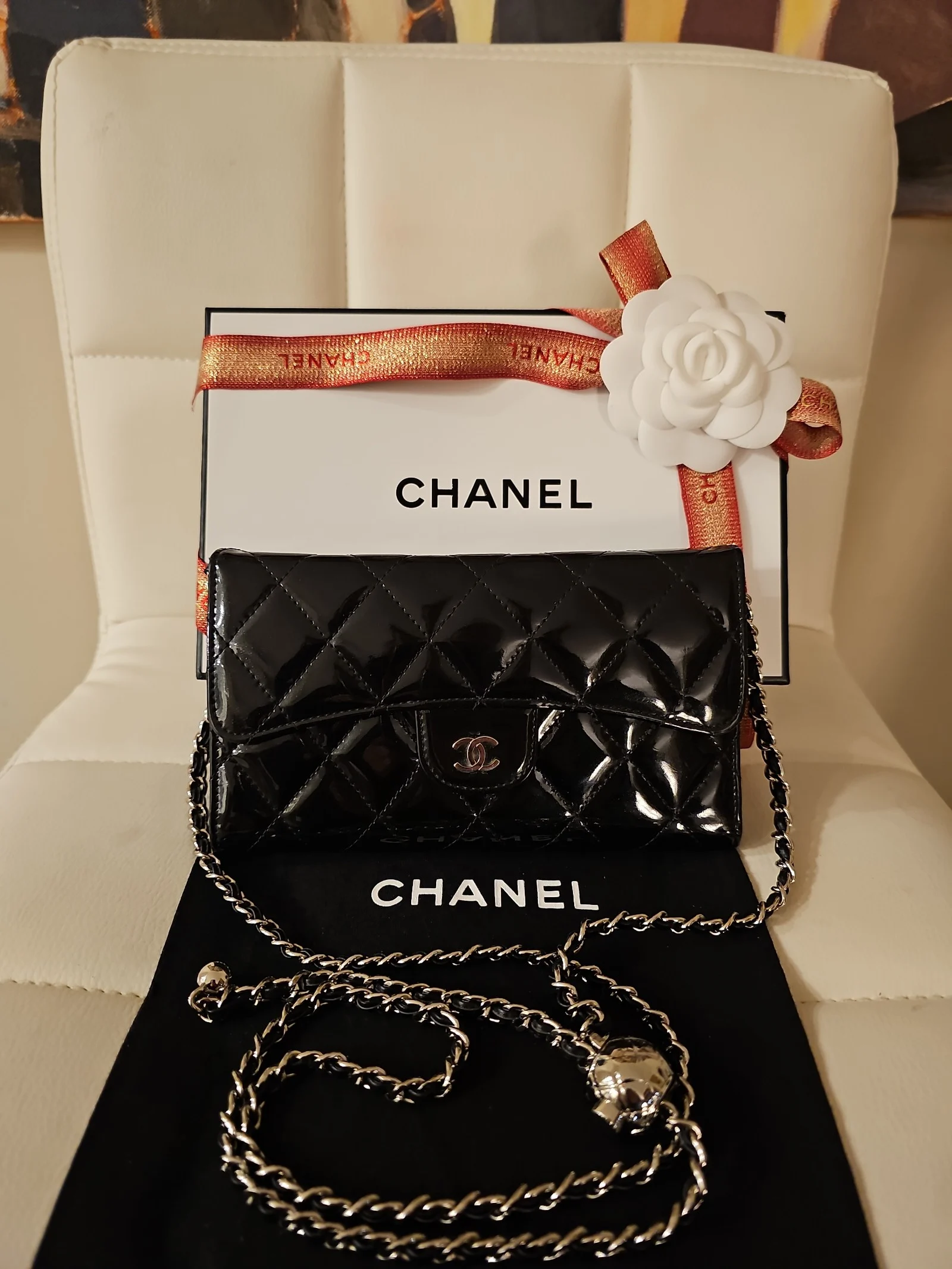 CHANEL Patent Leather Quilted Large Flap Wallet