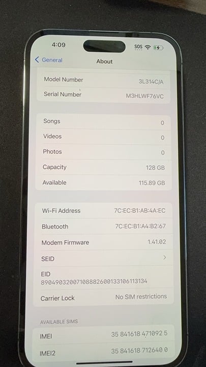 Apple iPhone 14 Pro Max Physical SIM Card + Esim 128GB Unlocked 8N32