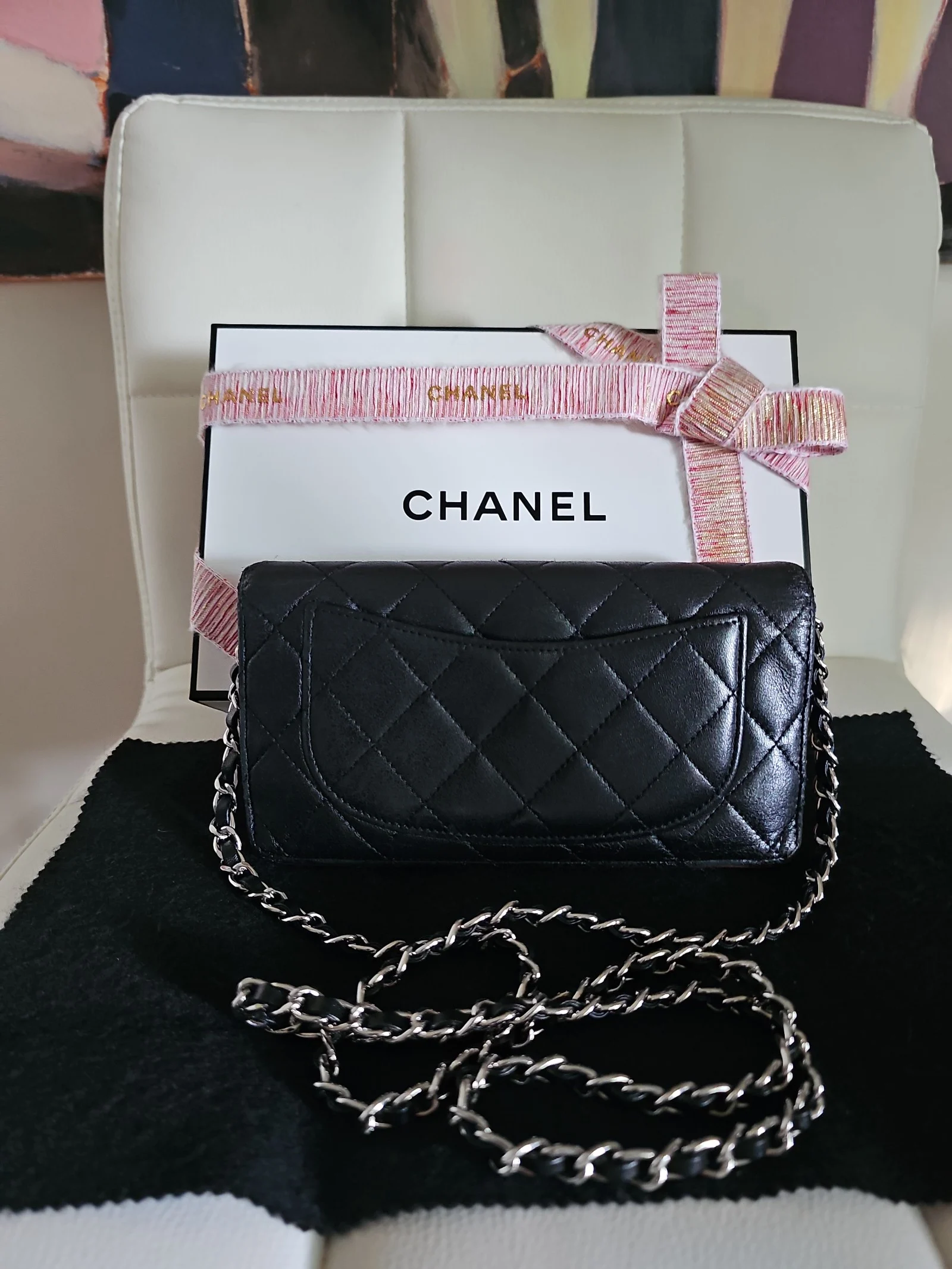 CHANEL Black Lambskin Quilted Wallet