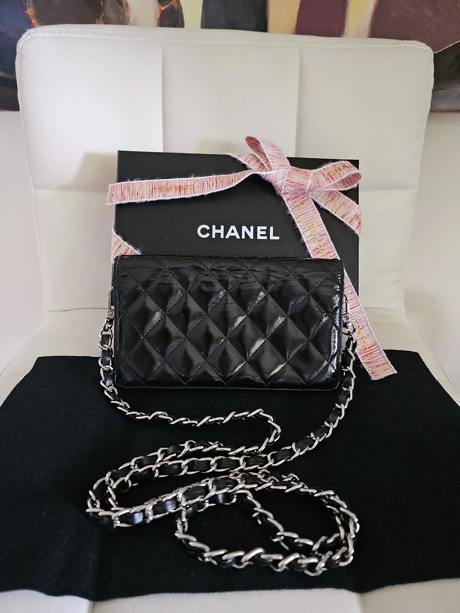 CHANEL Black Patent Leather Quilted Wallet
