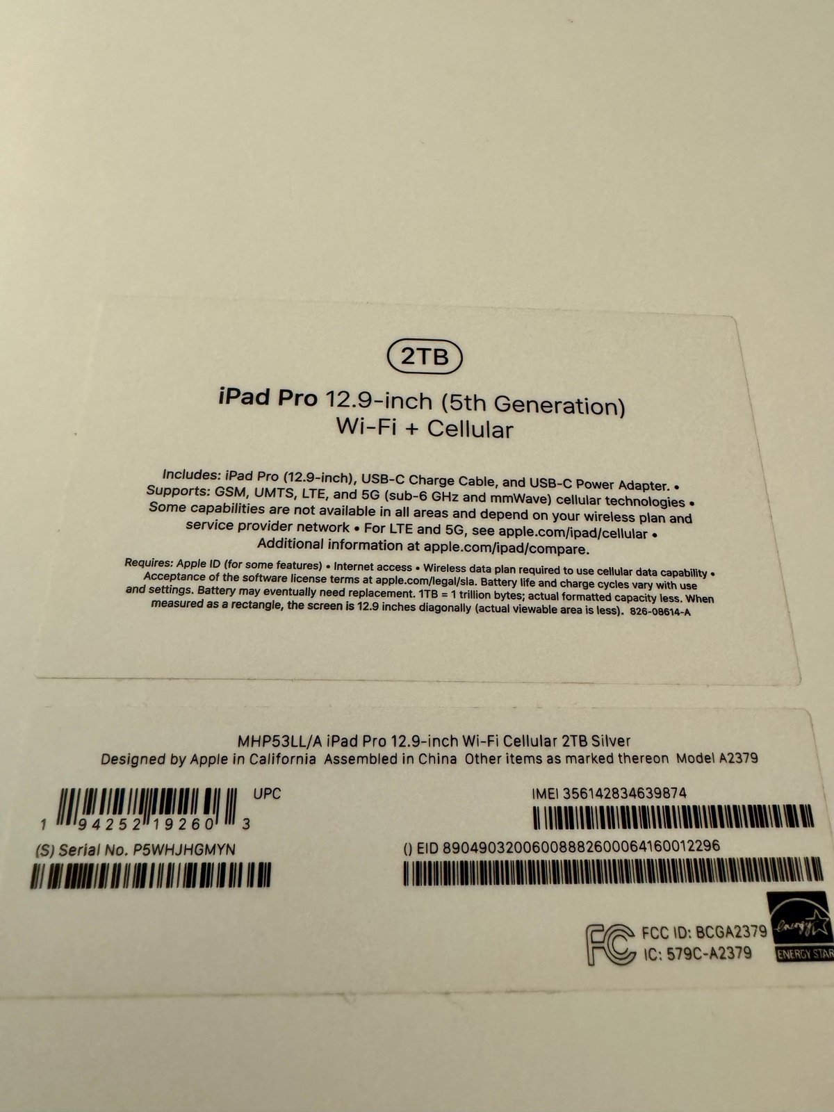 iPad Pro 12.9 (5th Generation ) 2TB M1 processor Silver WiFi and cellular AT&T 9T52