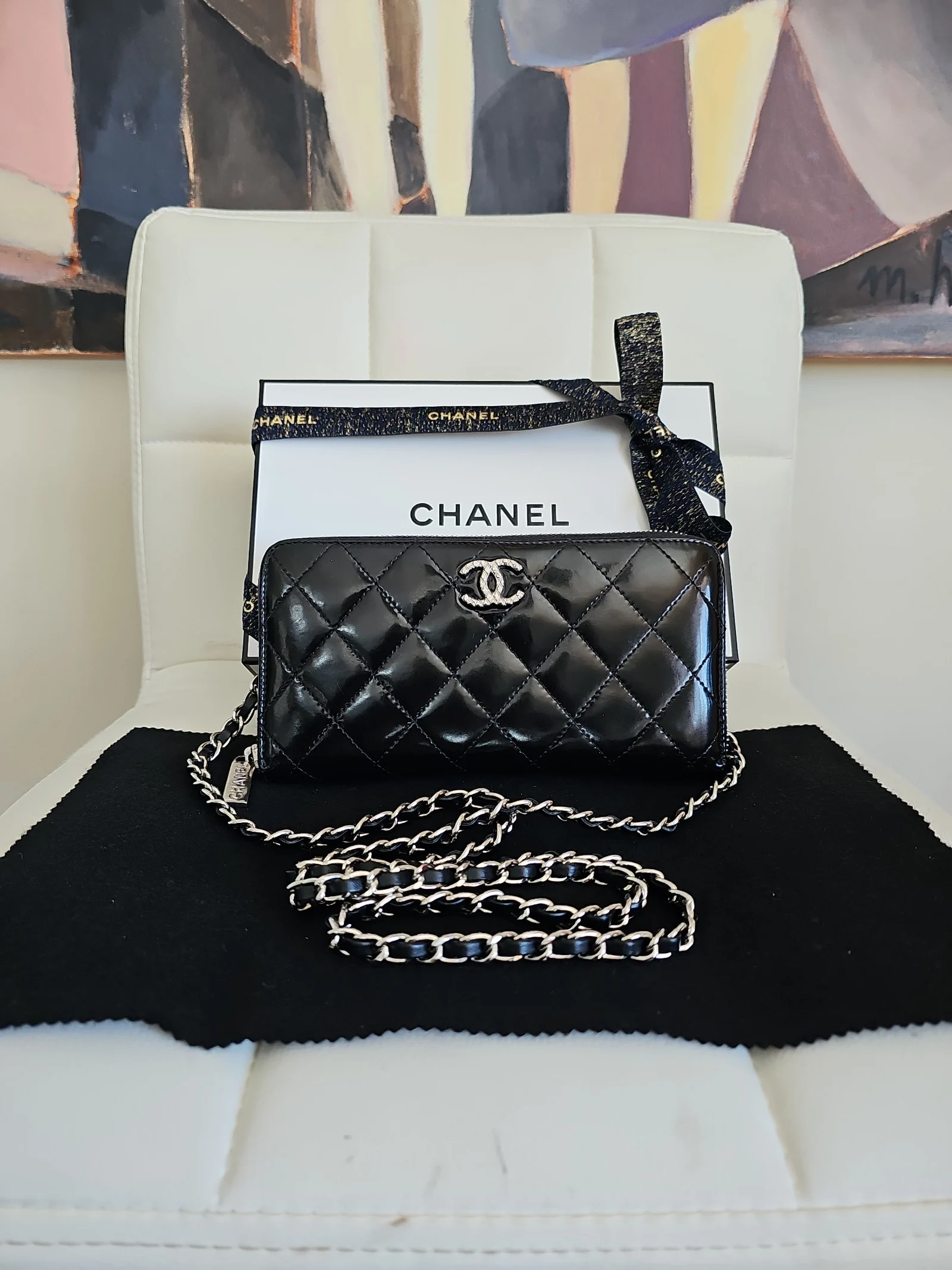 CHANEL Black Patent Leather Quilted Zip Around Wallet