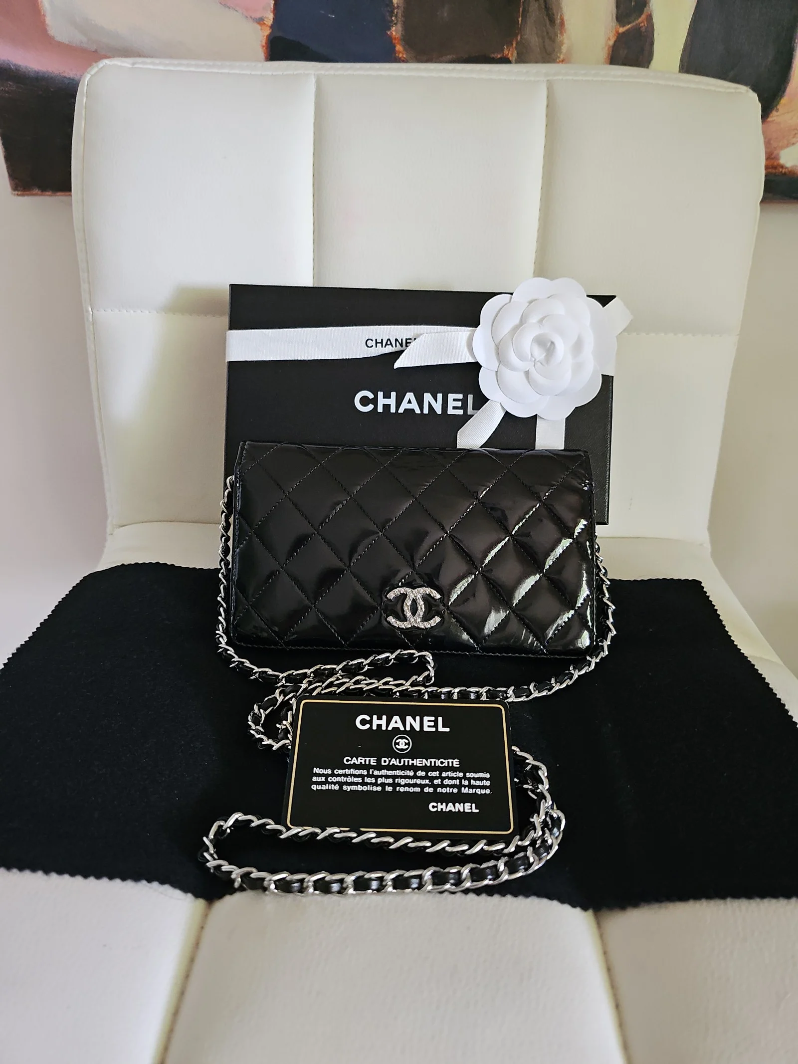 CHANEL Black Patent Leather Matelasse Wallet