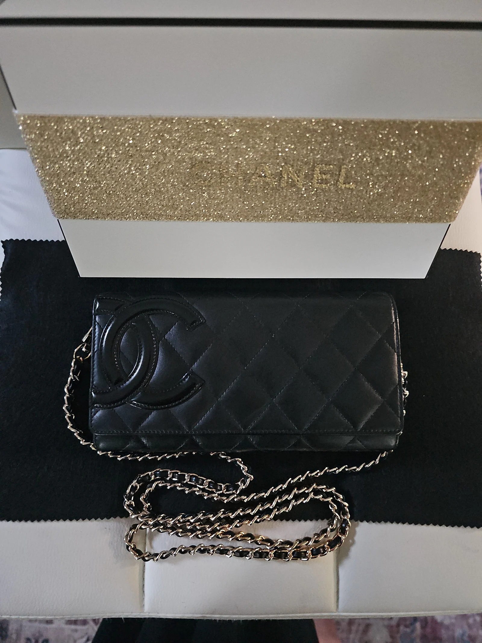 CHANEL Black Cafskin Quilted Cambon Gusset Flap Wallet