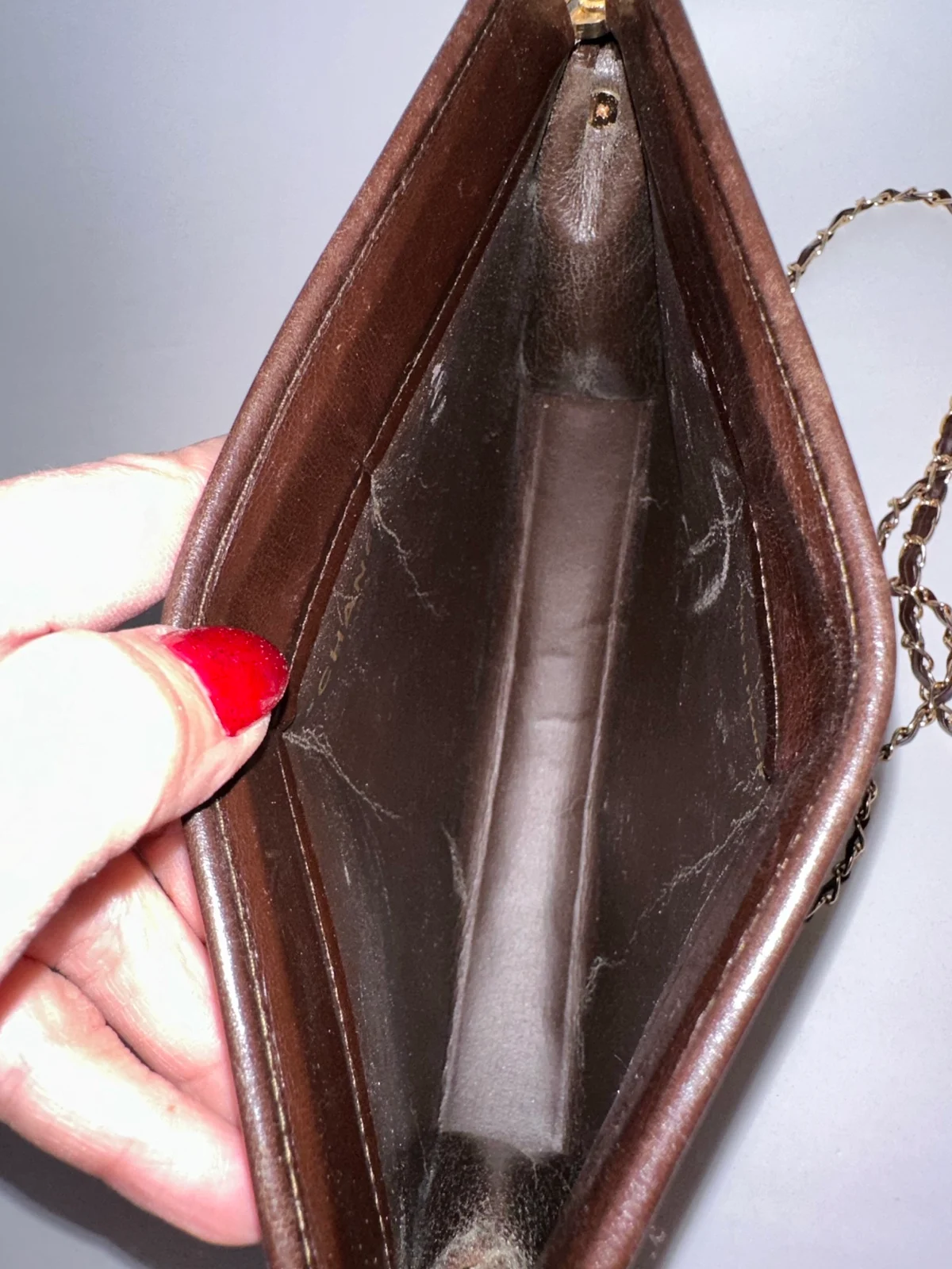 CHANEL CC Brown Cotton Leather Crossbody Clutch