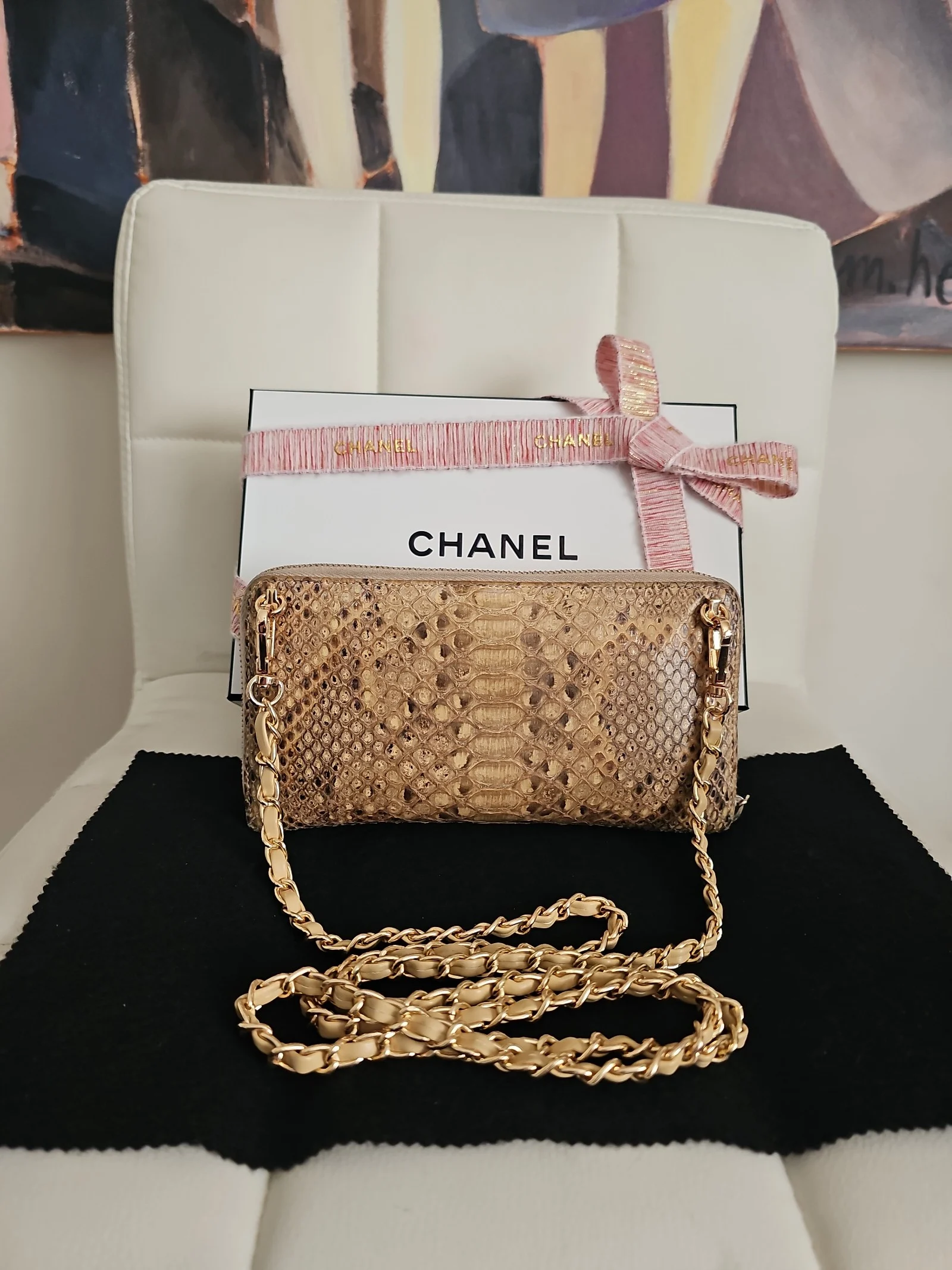 CHANEL Beige Python Leather Zip Around Wallet