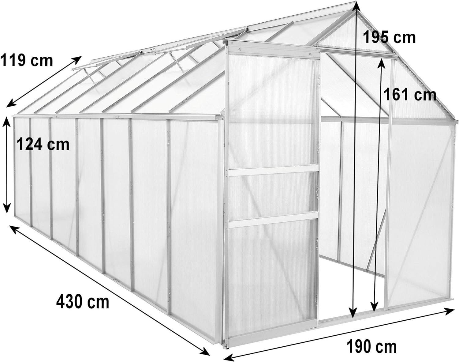 Zelsius Aluminium Garden Greenhouse in Various Sizes with Twin-wall Sheets, optionally with a Steel Base Frame