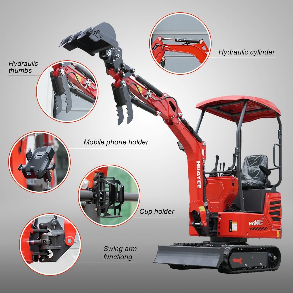 HY14C 1.4 Ton Mini Excavator w/Side Swing Boom, Semi-Auto Quick Coupler & Hydraulic Thumb for Tight Space Construction, Landscaping, Farming 13.5HP B&S Engine, Includes delivery & unloading services