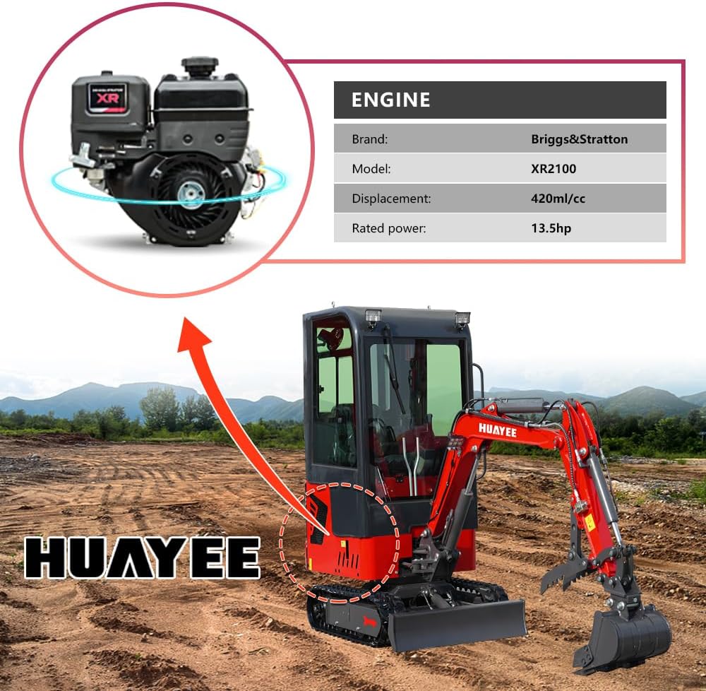 1.4T Mini Excavator with Cab, 13.5HP B&S Engine, Pilot Controls for Construction Landscaping, Includes Mechanical Thumb & Quick Coupler, Side Swing Booml, Includes delivery & unloading services