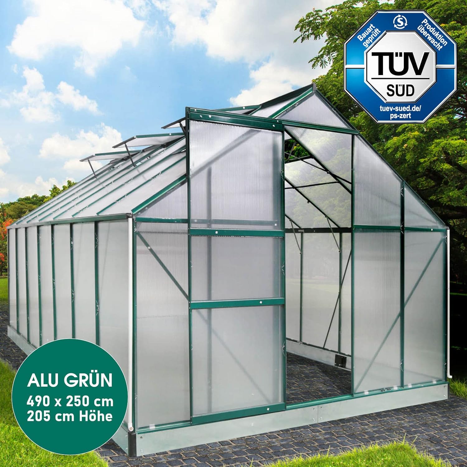BRAST Aluminium Greenhouse with Base 490 x 250 x 205 cm, TÜV Tested, 6 mm Hollow Chamber Panels, Rustproof/Weatherproof/Temperature-Resistant