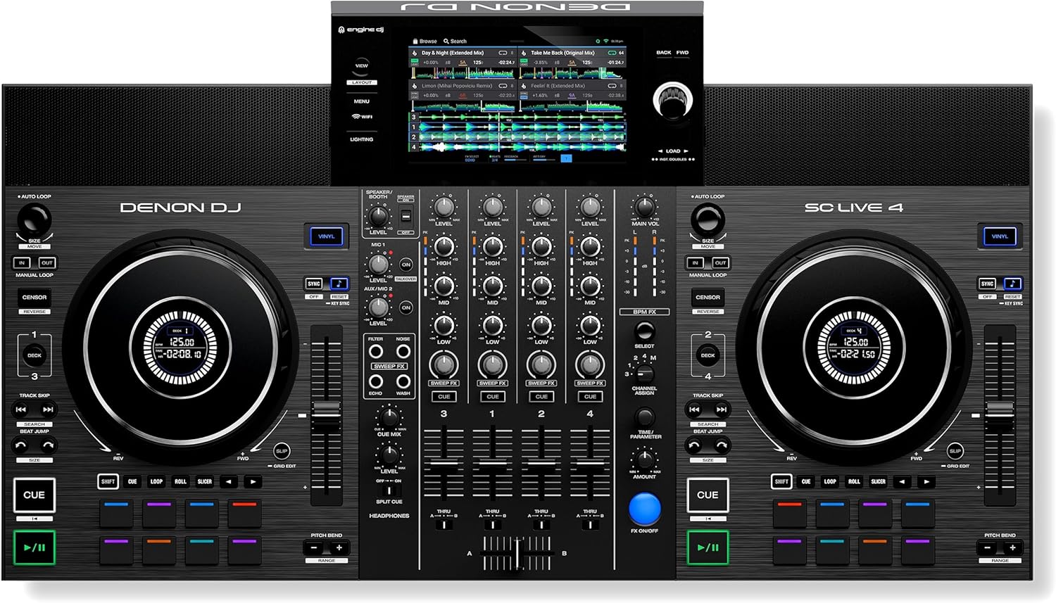 Denon DJ SC LIVE 4 Standalone DJ Controller with Stem Separation on 4-Decks, Wi-Fi Streaming, Build-in Speakers, Serato DJ and Virtual DJ Compatible