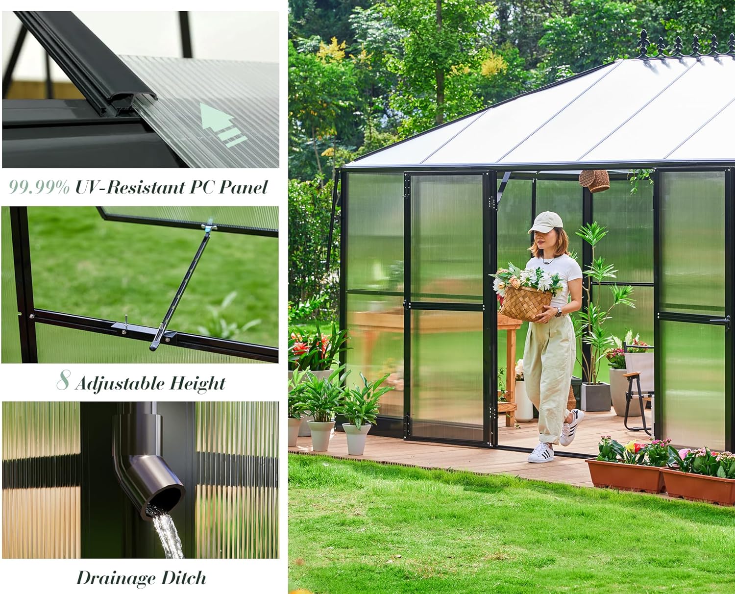 Jocisland 14x9.5x9 FT Greenhouse - Outdoor Aluminum Polycarbonate Greenhouse with 2 Ventilation and Rain Gutter, Double Doors with Hook, Walk in Greenhouse for Outdoors, Garden, Backyard