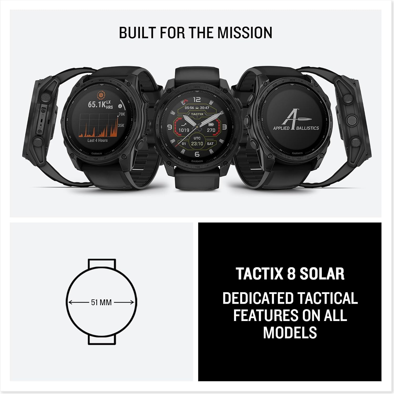 Garmin tactix® 8 51mm, Solar Charged Display, Elite, Premium Tactical GPS Smartwatch, Includes Applied Ballistics Elite™ Solver, Titanium Bezel, Sapphire Lens, 40-Meter Dive Rating
