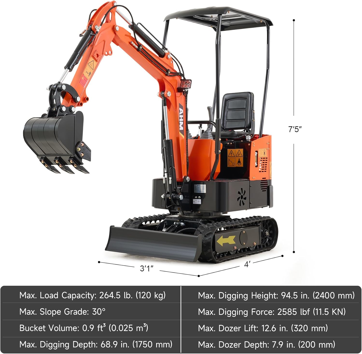 AHM Mini Excavator Machine, 1 Ton Mini Crawler Excavator with 13.5 hp EPA Certified Engine & All-Terrain Tracks, Trench Digger with Canopy & Adjustable Seat for Garden Farm Park Construction Site