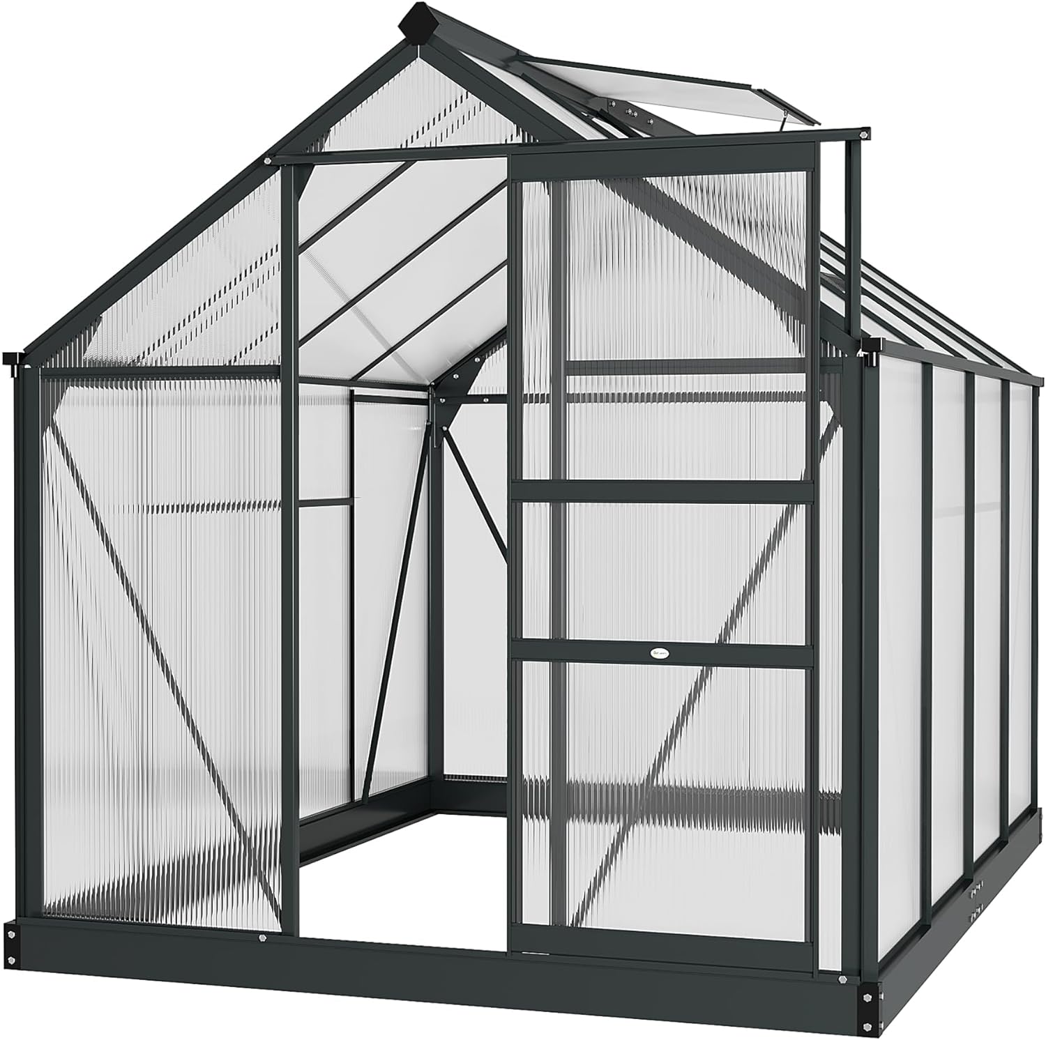 Outsunny 6 x 8ft Polycarbonate Greenhouse, Large Walk-In Green House with Slide Door and Window, Garden Plants Grow House with Aluminium Frame and Foundation, Grey