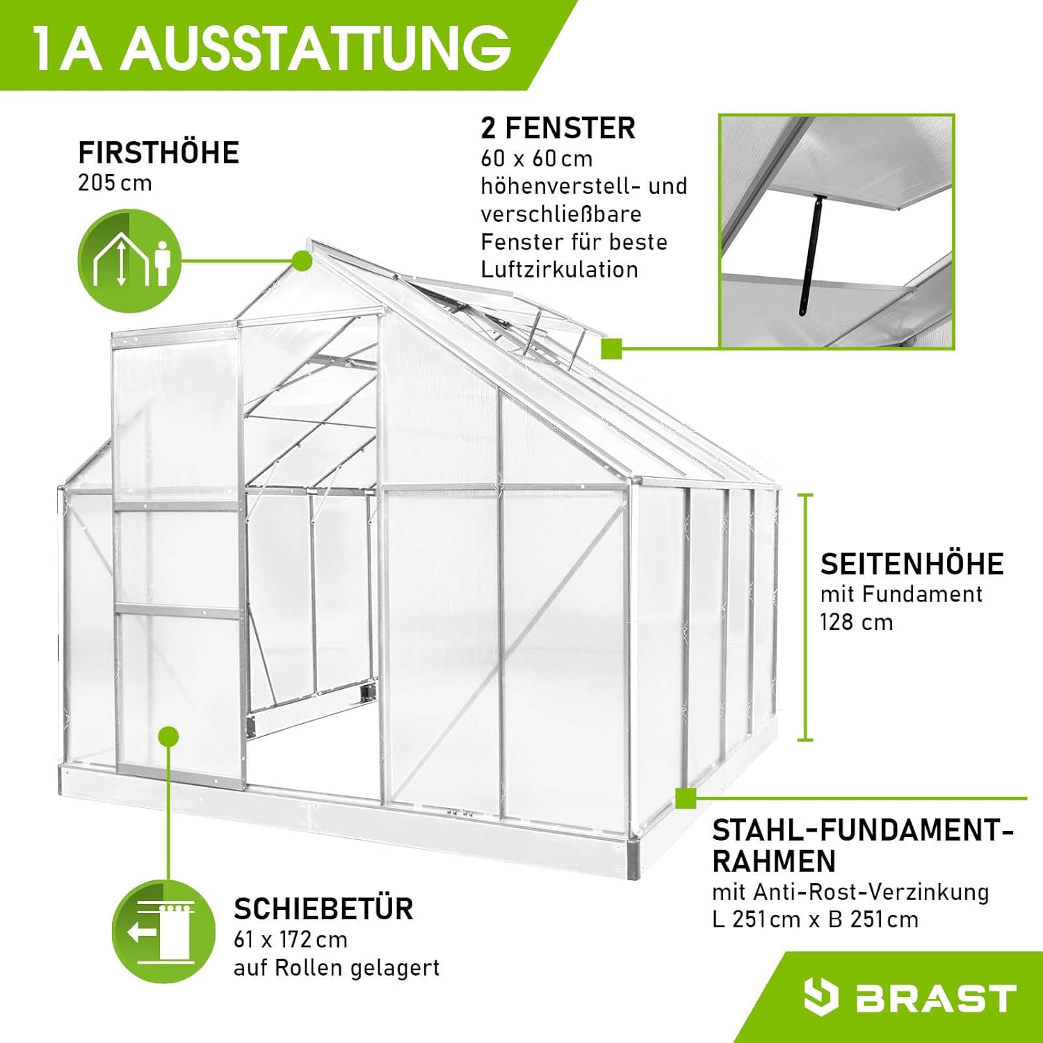 BRAST Aluminium Greenhouse with Base, 250 x 250 x 205 cm, TÜV Tested, 6 mm Hollow Chamber Panels Rustproof, Weatherproof, Temperature-Resistant