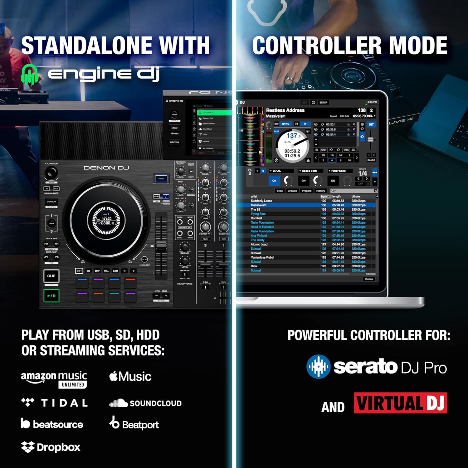 Denon DJ SC LIVE 4 Standalone DJ Controller with Stem Separation on 4-Decks, Wi-Fi Streaming, Build-in Speakers, Serato DJ and Virtual DJ Compatible