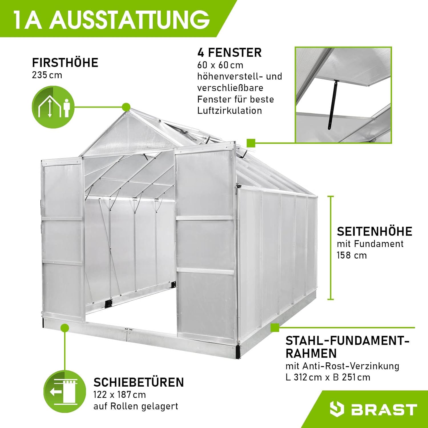 BRAST Aluminium Greenhouse with Base 310 x 250 x 235 cm, TÜV Tested, 6 mm Hollow Chamber Panels, Rustproof/Weatherproof/Temperature-Resistant