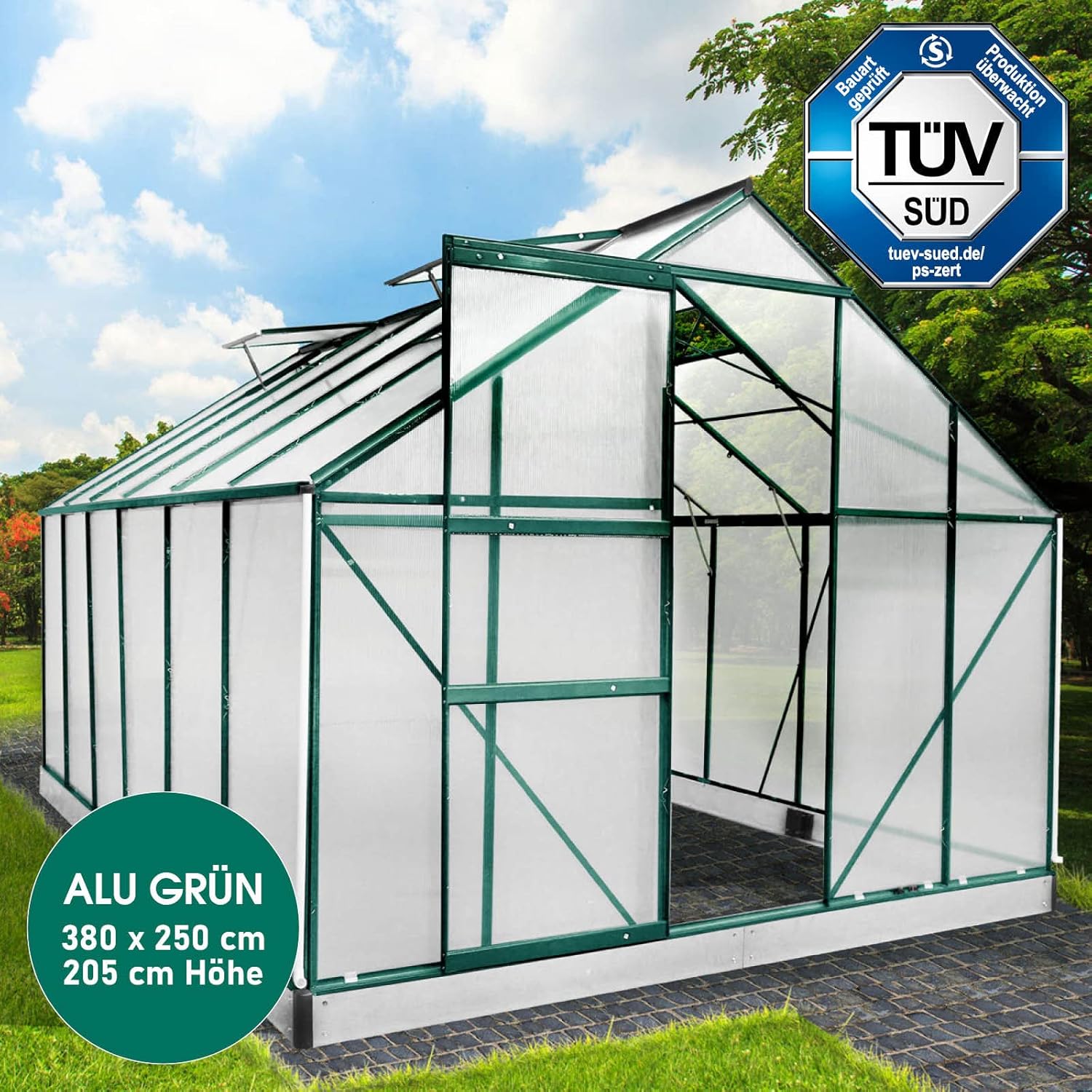 BRAST Aluminium Greenhouse with Base,380 x 250 x 235 cm, TÜV Tested, 6 mm Hollow Chamber Panels, Rustproof/Weatherproof/Temperature-Resistant