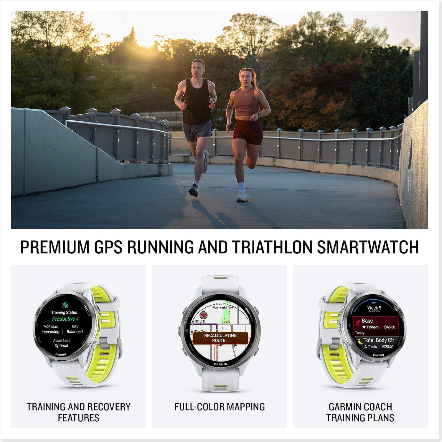 Garmin® Forerunner® 970, Premium GPS Running and Triathlon Smartwatch, AMOLED Display, Built-in LED Flashlight, Soft Gold Titanium with French Gray Case and French Gray/Translucent Indigo Band