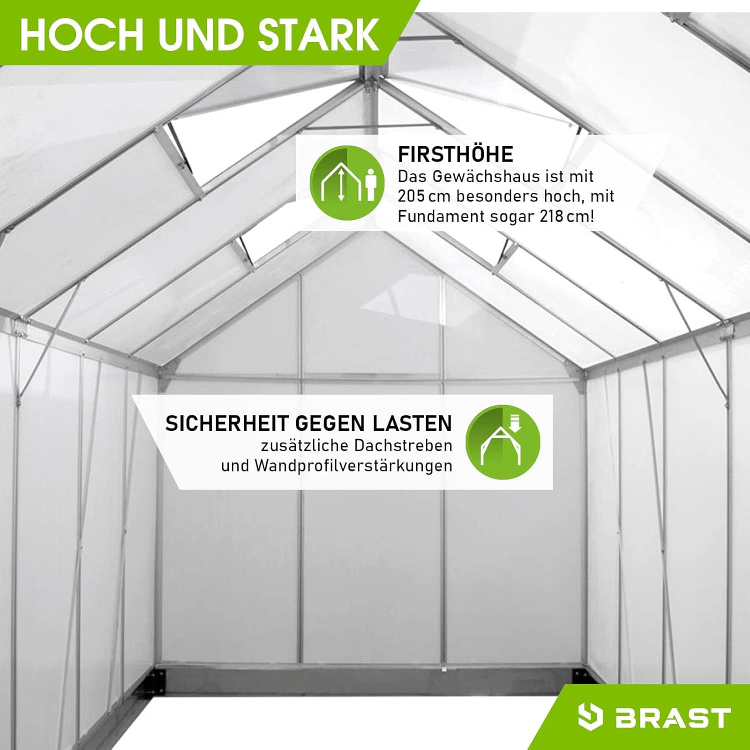 BRAST Aluminium Greenhouse with Base 380 x 250 x 205 cm, TÜV Tested, 6 mm Hollow Chamber Panels, Rustproof/Weatherproof/Temperature-Resistant