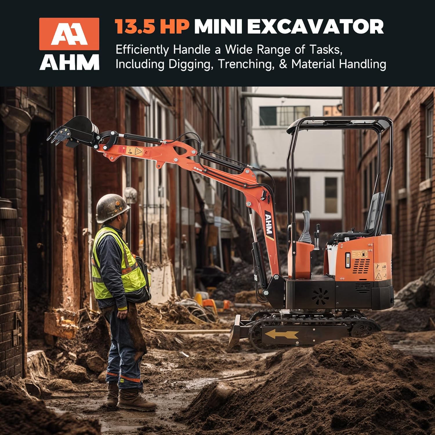 AHM Mini Excavator Machine, 1 Ton Mini Crawler Excavator with 13.5 hp EPA Certified Engine & All-Terrain Tracks, Trench Digger with Canopy & Adjustable Seat for Garden Farm Park Construction Site