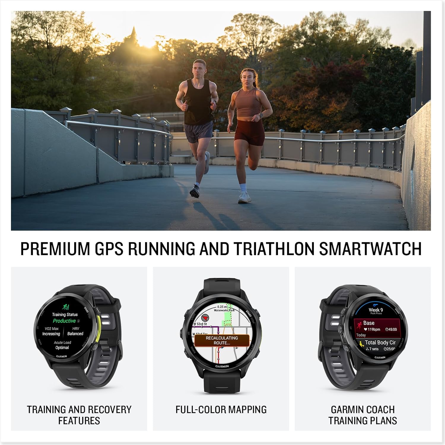 Garmin® Forerunner® 970, Premium GPS Running and Triathlon Smartwatch, AMOLED Display, Built-in LED Flashlight, Soft Gold Titanium with French Gray Case and French Gray/Translucent Indigo Band