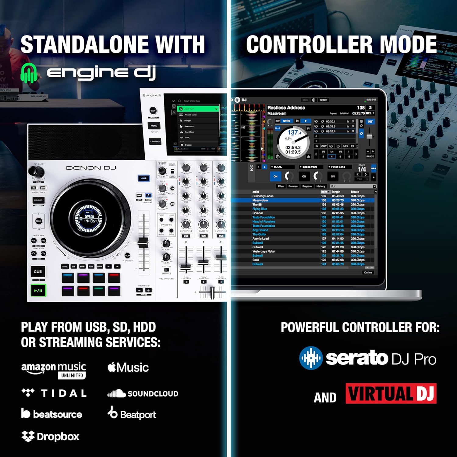 Denon DJ SC LIVE 4 Standalone DJ Controller with Stem Separation on 4-Decks, Wi-Fi Streaming, Build-in Speakers, Serato DJ and Virtual DJ Compatible