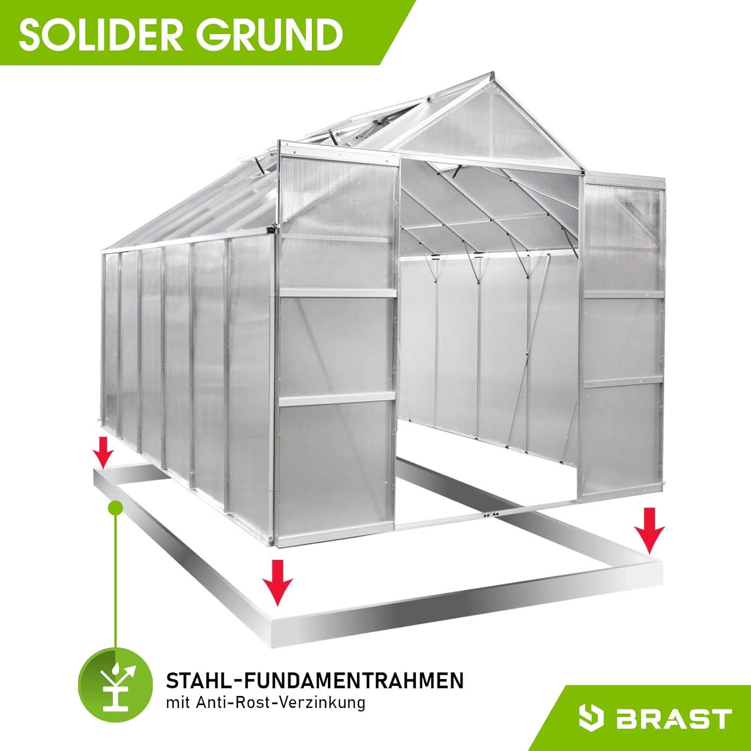 BRAST Aluminium Greenhouse with Base,380 x 250 x 235 cm, TÜV Tested, 6 mm Hollow Chamber Panels, Rustproof/Weatherproof/Temperature-Resistant