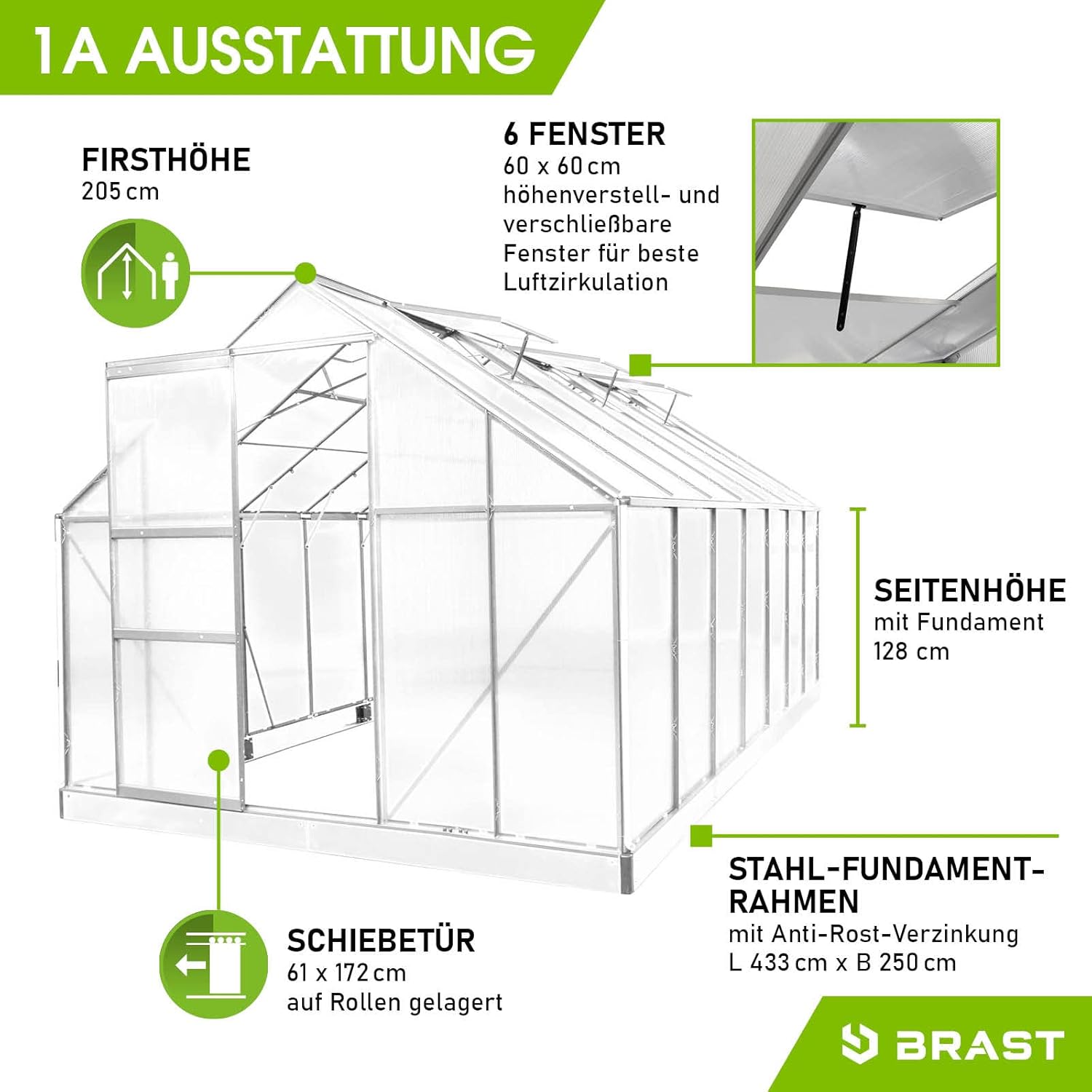 BRAST Aluminium Greenhouse with Base 430 x 250 x 205 cm, TÜV Tested, 6 mm Hollow Chamber Panels, Rustproof/Weatherproof/Temperature-Resistant