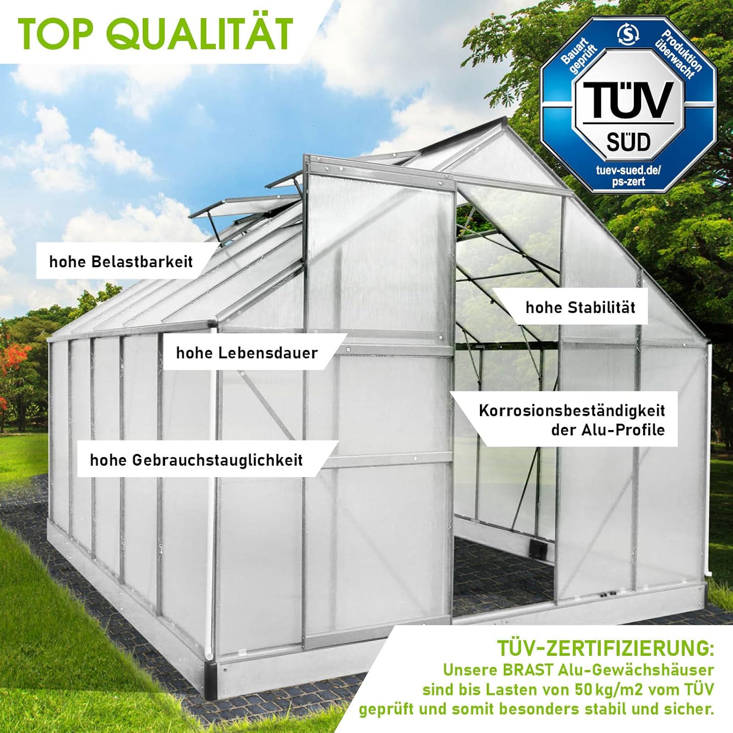 RAST Aluminium Greenhouse with Base 310 x 250 x 205 cm, TÜV Tested, 6 mm Hollow Chamber Panels, Rustproof/Weatherproof/Temperature-Resistant