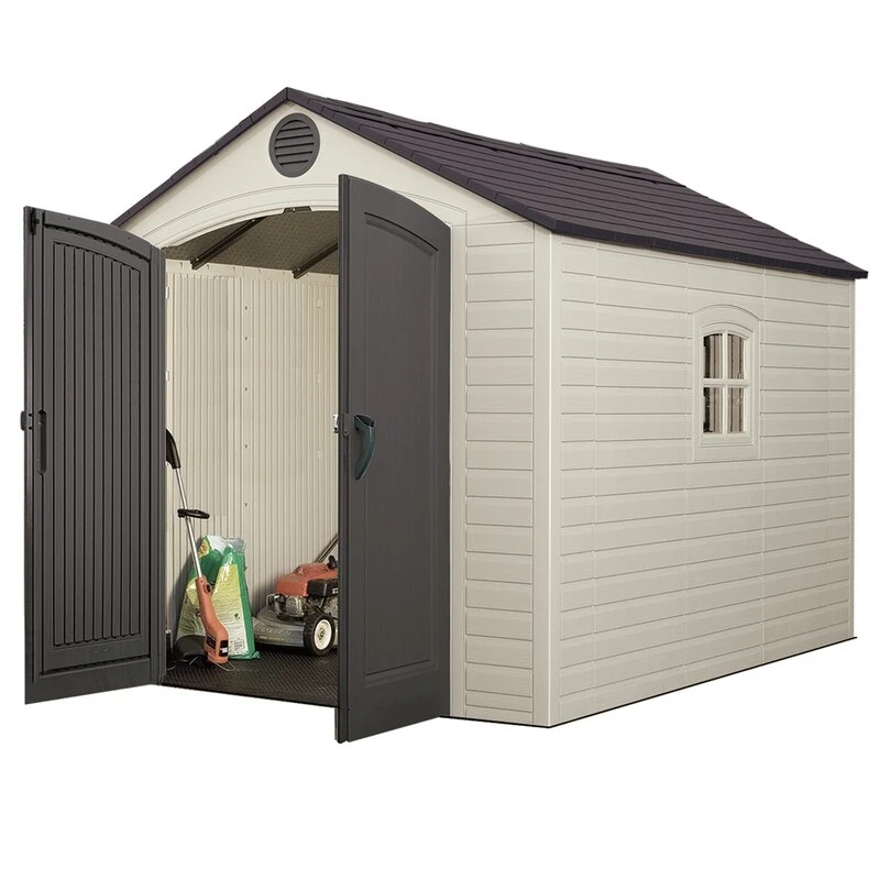 8 feet. Width x 10 feet. D plastic traditional storage shed