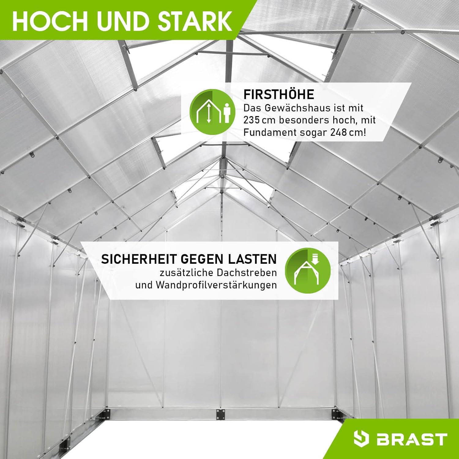 BRAST Aluminium Greenhouse with Base,380 x 250 x 235 cm, TÜV Tested, 6 mm Hollow Chamber Panels, Rustproof/Weatherproof/Temperature-Resistant