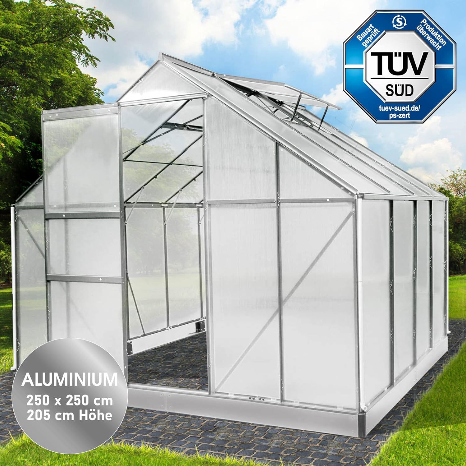 BRAST Aluminium Greenhouse with Base, 250 x 250 x 205 cm, TÜV Tested, 6 mm Hollow Chamber Panels Rustproof, Weatherproof, Temperature-Resistant