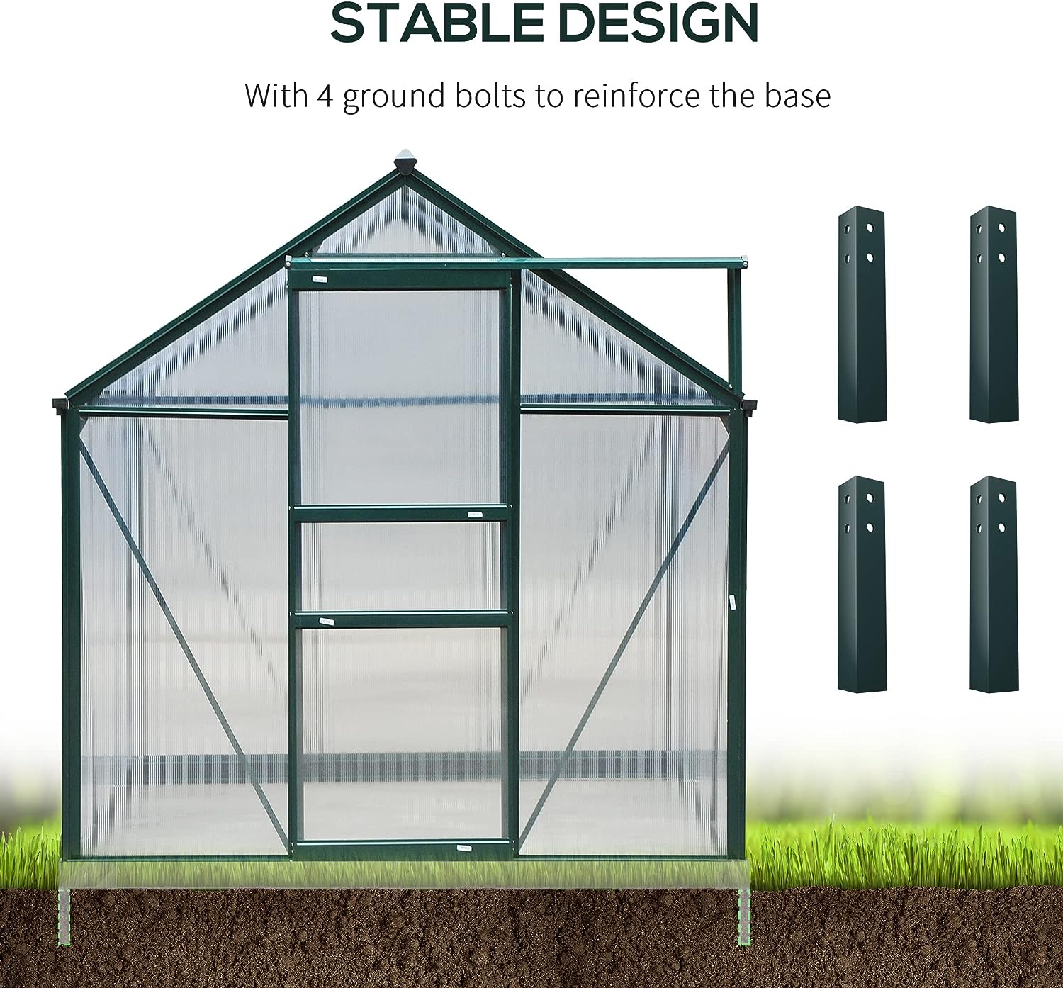 Outsunny 6 x 8ft Polycarbonate Greenhouse, Large Walk-In Green House with Slide Door and Window, Garden Plants Grow House with Aluminium Frame and Foundation, Dark Green