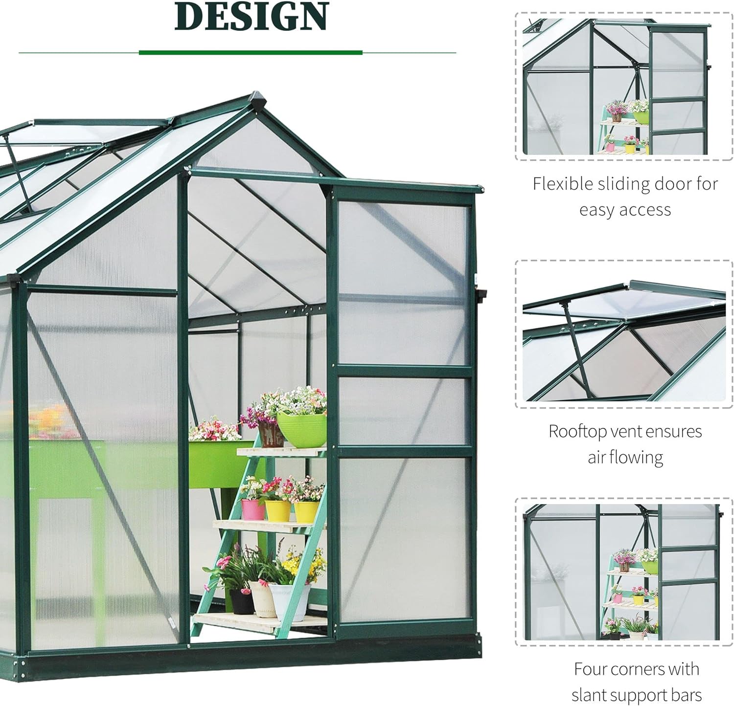Outsunny 6 x 8ft Polycarbonate Greenhouse, Large Walk-In Green House with Slide Door and Window, Garden Plants Grow House with Aluminium Frame and Foundation, Dark Green