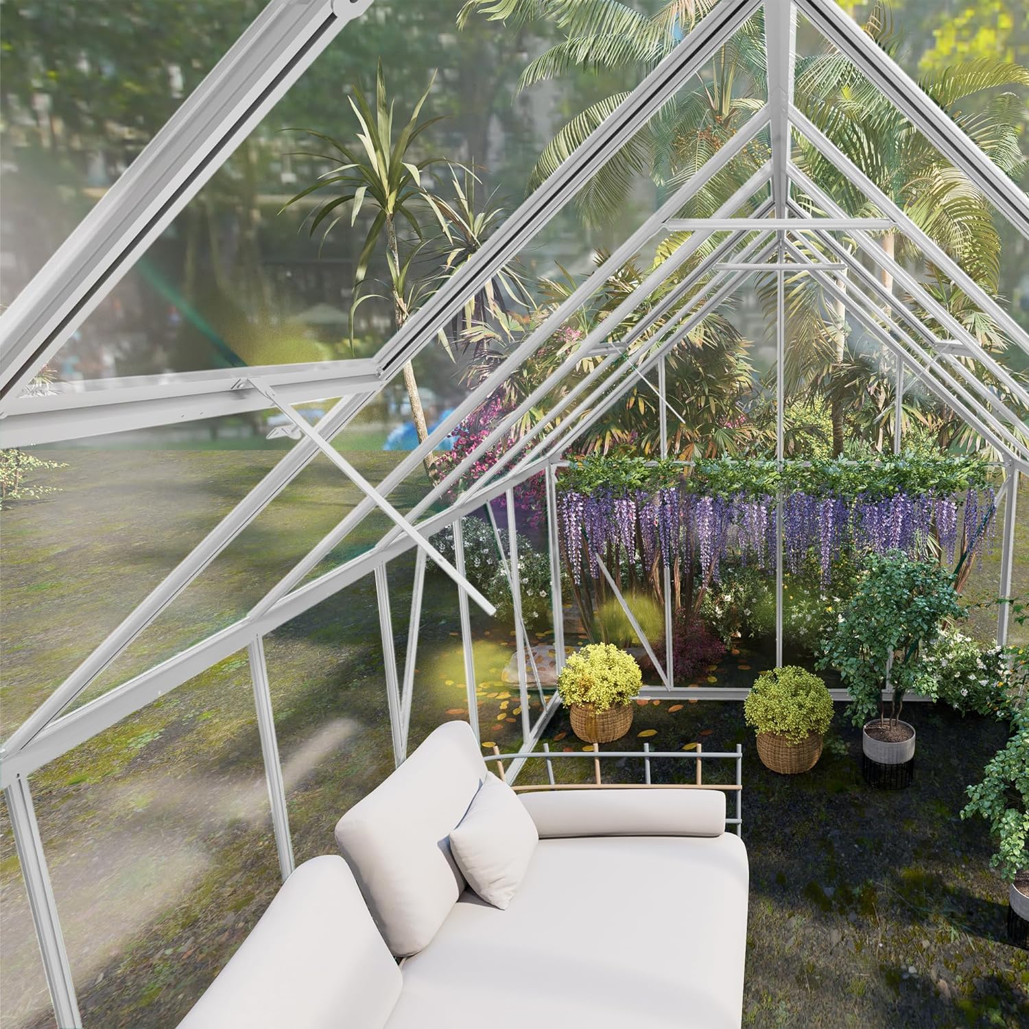 FurniFusion 8' W x 16' D Walk-in Hobby Greenhouse, Polycarbonate Garden Green Houses with 4 Adjustable Vents, Sliding Doors, Ample Space, Aluminum Hot House for Outdoor Backyard, White