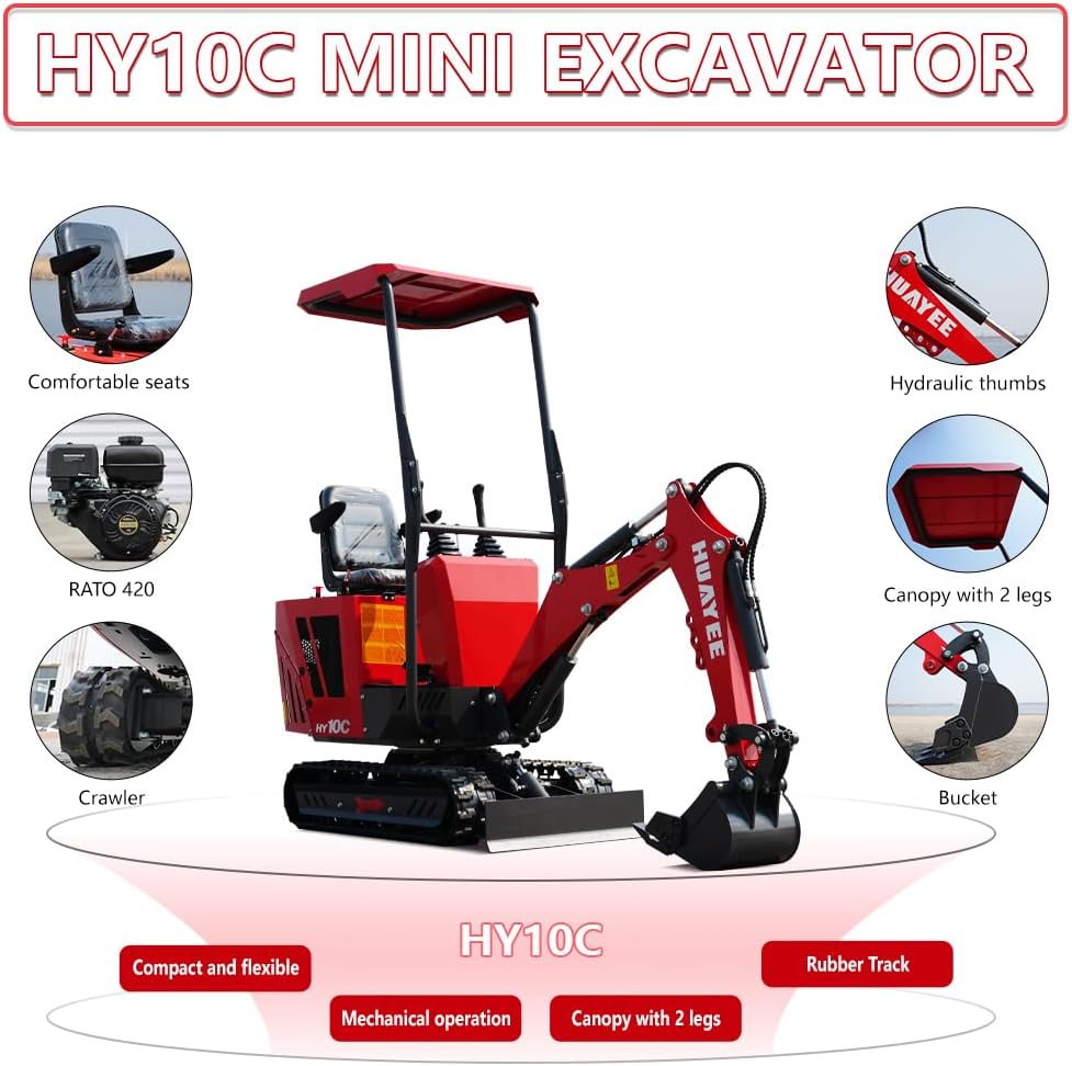 HY10C 1 Ton Mini Excavator, 13.5HP Gasoline Powered Compact Digger with EPA Certificate, Tracked Backhoe for Trenching, Farming, Landscaping, Curbside delivery & Professional unloading Included