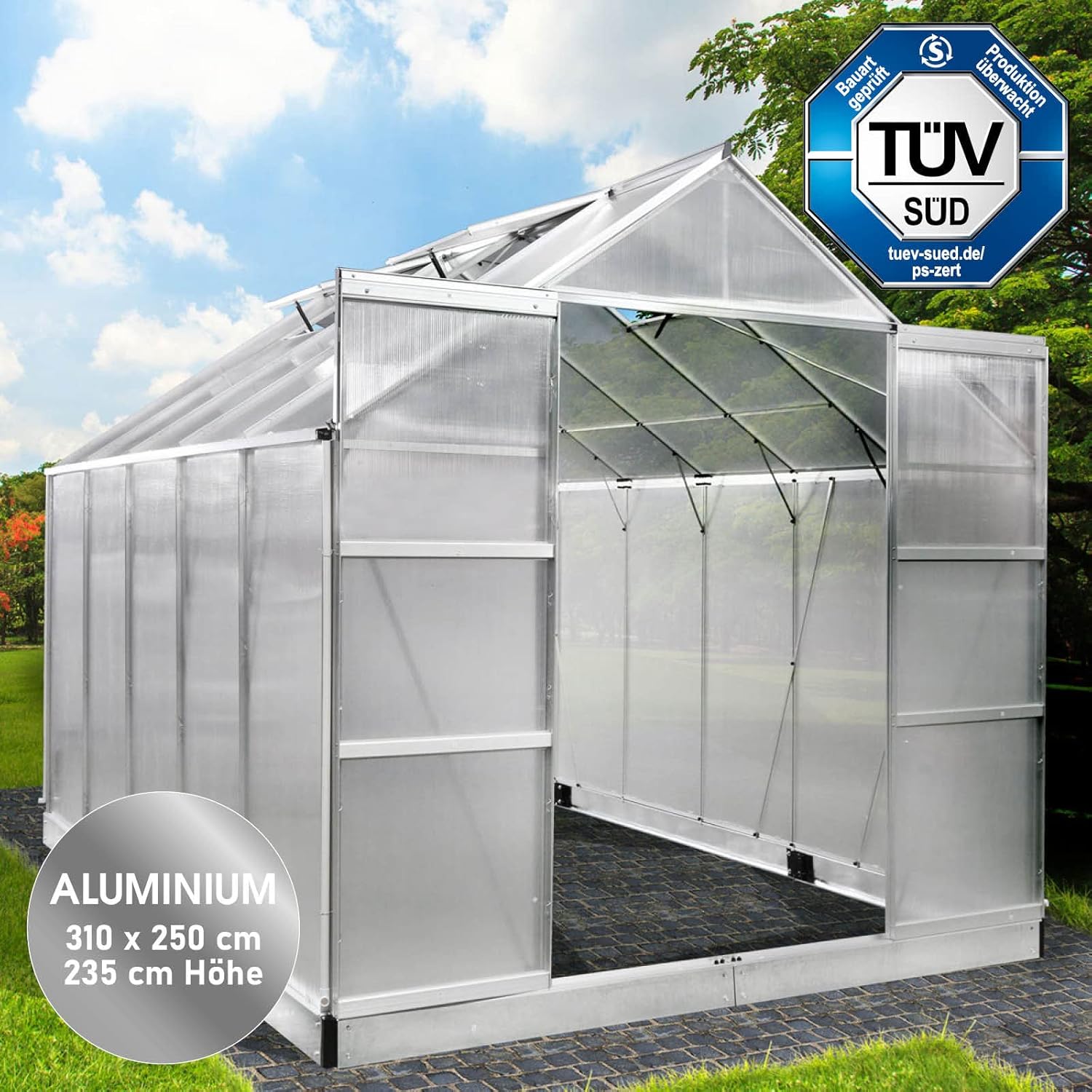 BRAST Aluminium Greenhouse with Base 310 x 250 x 235 cm, TÜV Tested, 6 mm Hollow Chamber Panels, Rustproof/Weatherproof/Temperature-Resistant