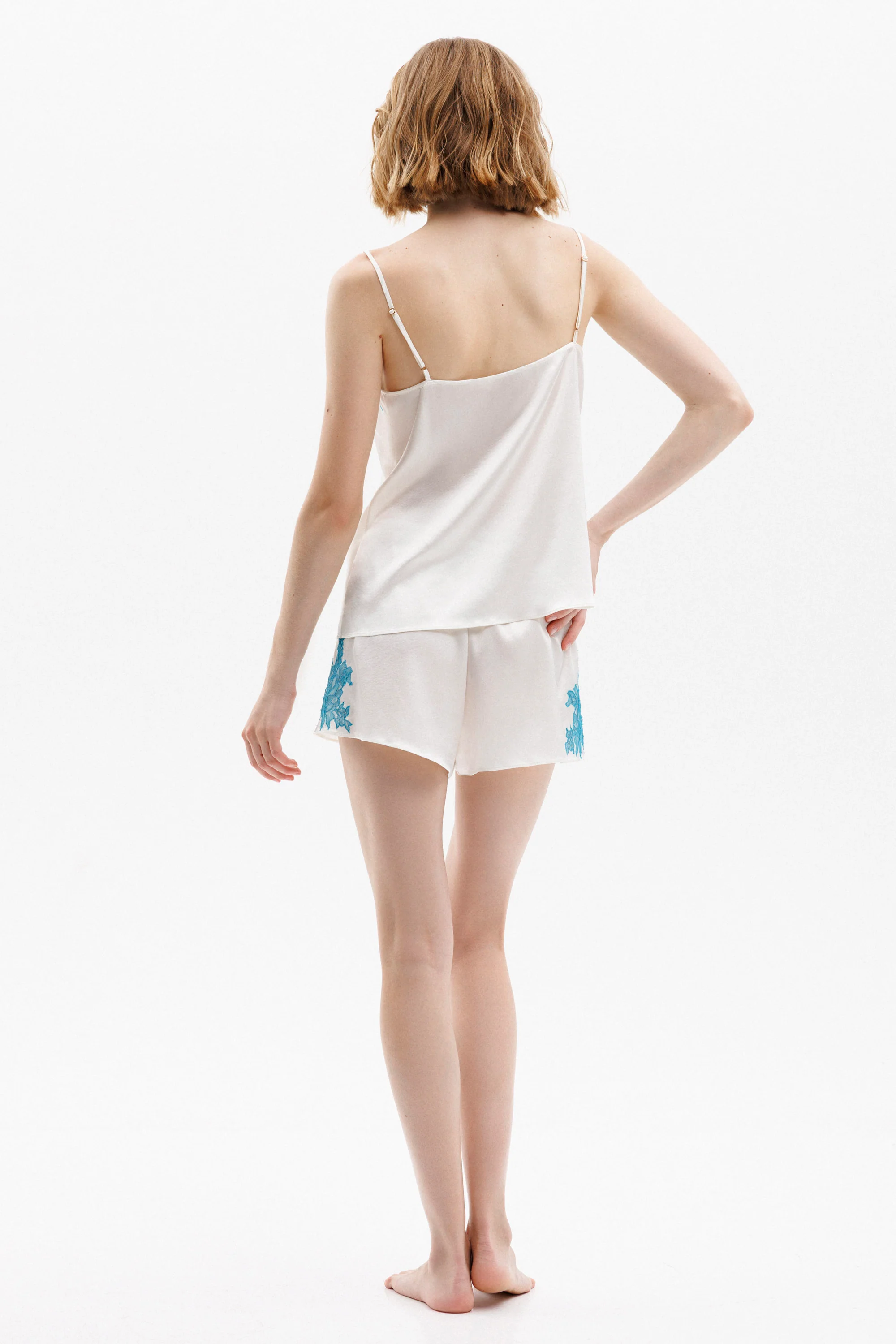 Celeste Comisole and shorts Set in Ivory with Turquoise Leavers Lace