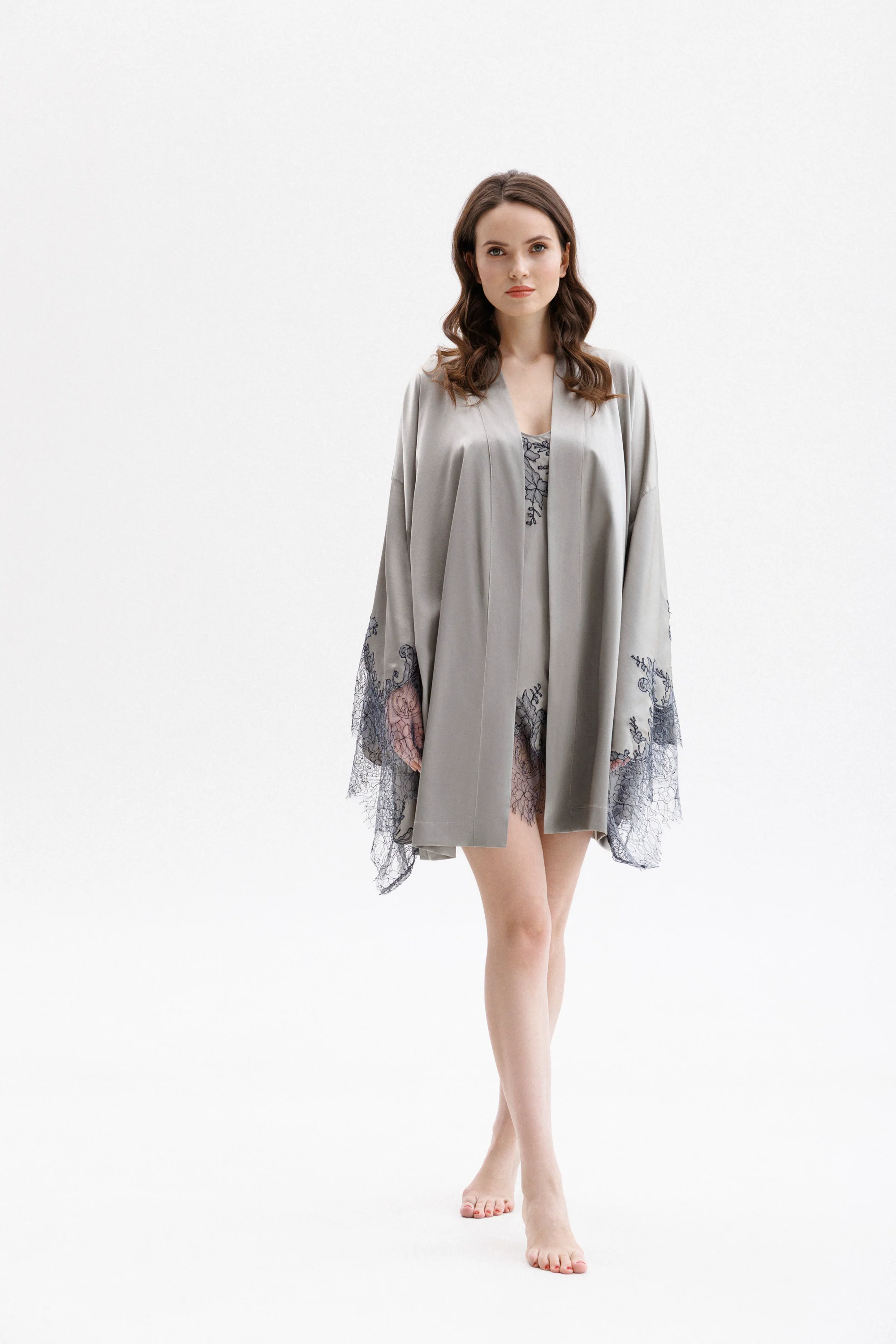 Short Silk Kimono in Grey with Anthracite  Leavers Lace
